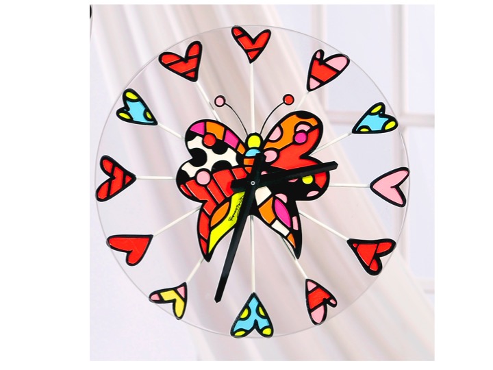 ROMERO BRITTO GLASS CLOCK w/ STAND BUTTERFLY  ** NEW ** GIFT BOXED 