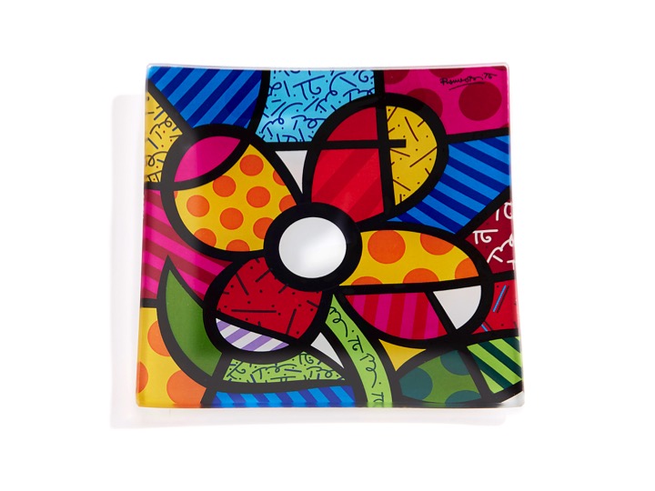 Romero Britto 12" Square Painted Glass Plate Butterfly Design 